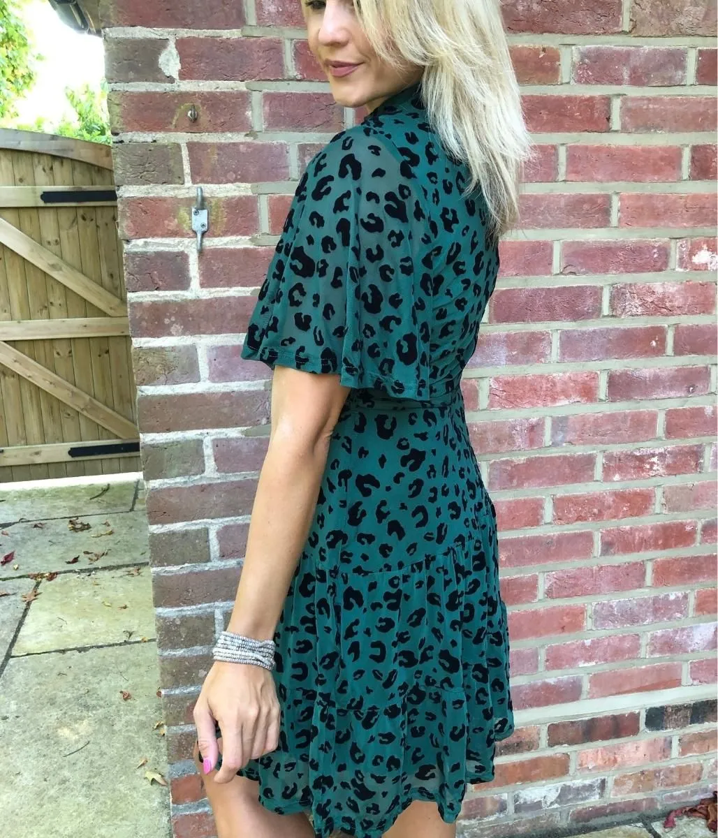 Green Angel Sleeve Velvet Print Dress