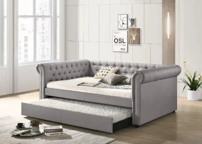 Hana Full Daybed w/Trundle, Smoke Gray Fabric, Tufted