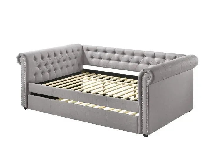 Hana Full Daybed w/Trundle, Smoke Gray Fabric, Tufted