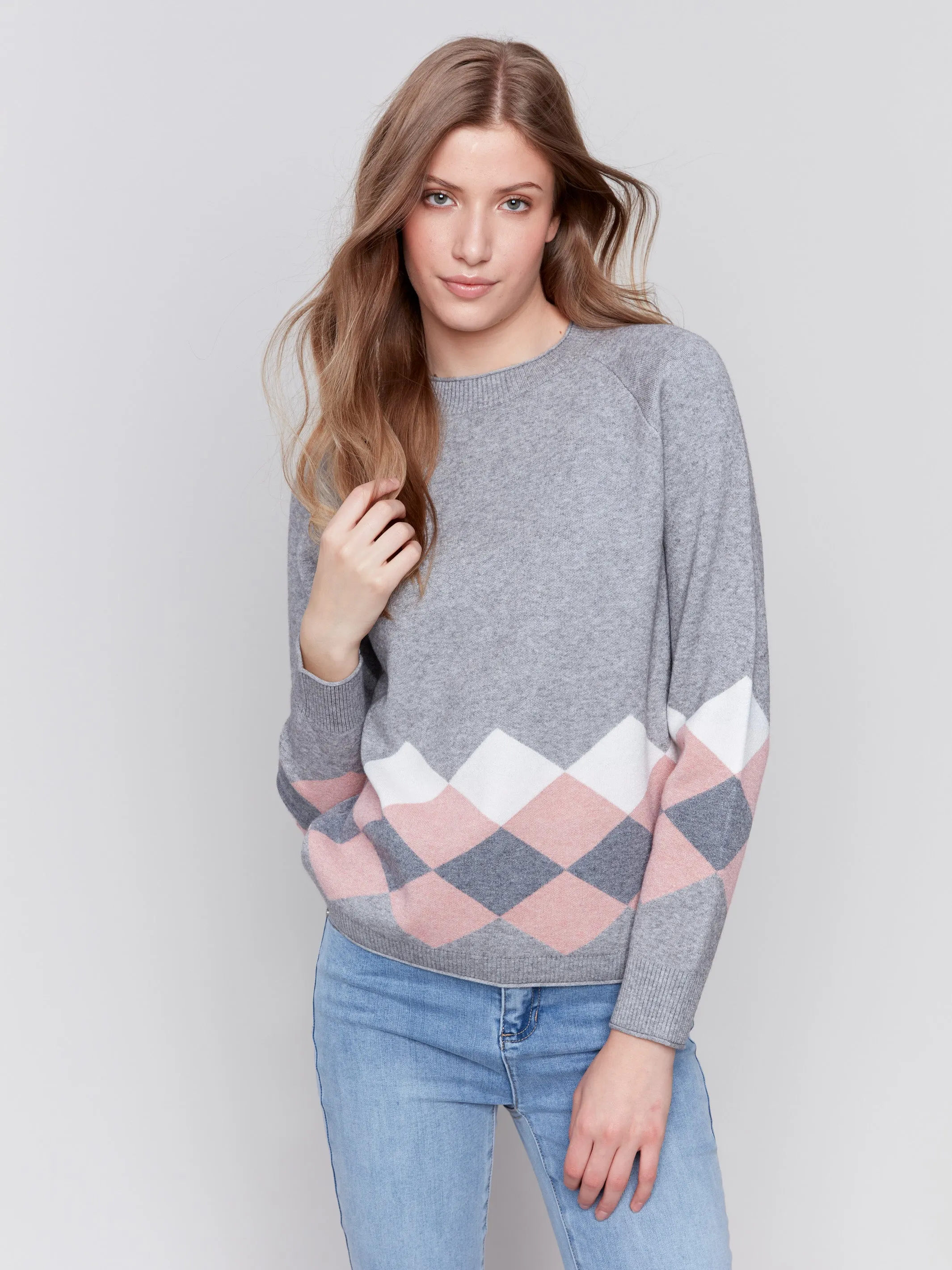 Jacquard Knit Argyle Sweater - Grey