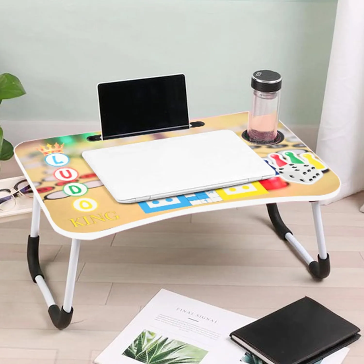 Kuber Industries Wooden Ergonomic Portable & Foldable Study Table for Bed with Cup Holder | Multipurpose Writing Table for Kids & Laptop Desk/Stand with Non-Slip Legs | Ludo-Multicolor