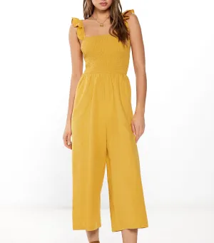 Linen Ruffled Straps Jumpsuit Yellow