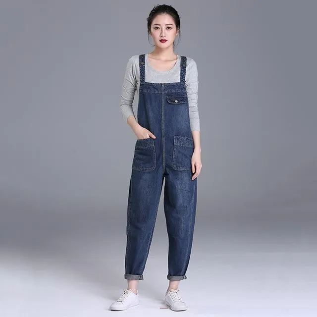 Loose Pocket Jeans Women Autumn Bib Pants Overalls Shoulder Jumpsuit