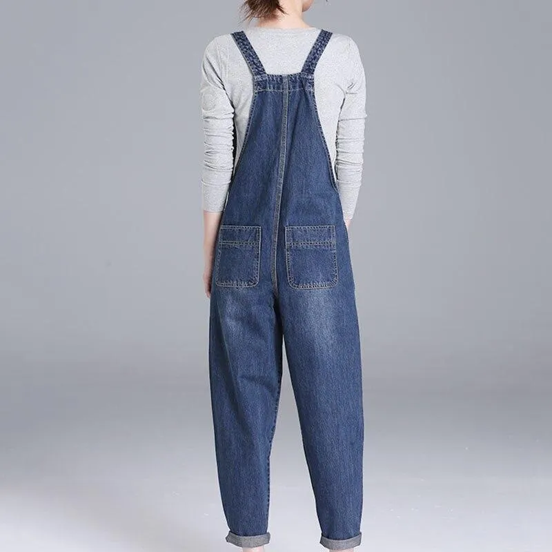 Loose Pocket Jeans Women Autumn Bib Pants Overalls Shoulder Jumpsuit