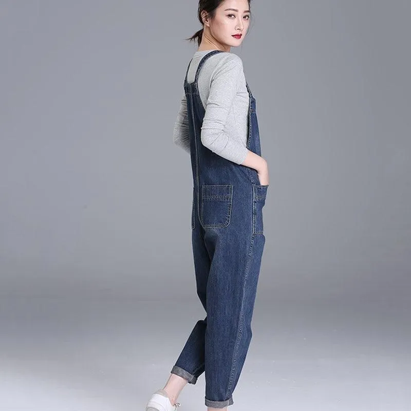 Loose Pocket Jeans Women Autumn Bib Pants Overalls Shoulder Jumpsuit