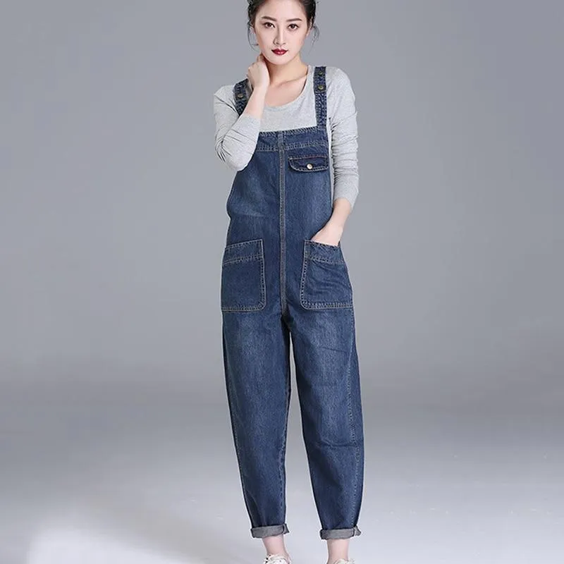 Loose Pocket Jeans Women Autumn Bib Pants Overalls Shoulder Jumpsuit