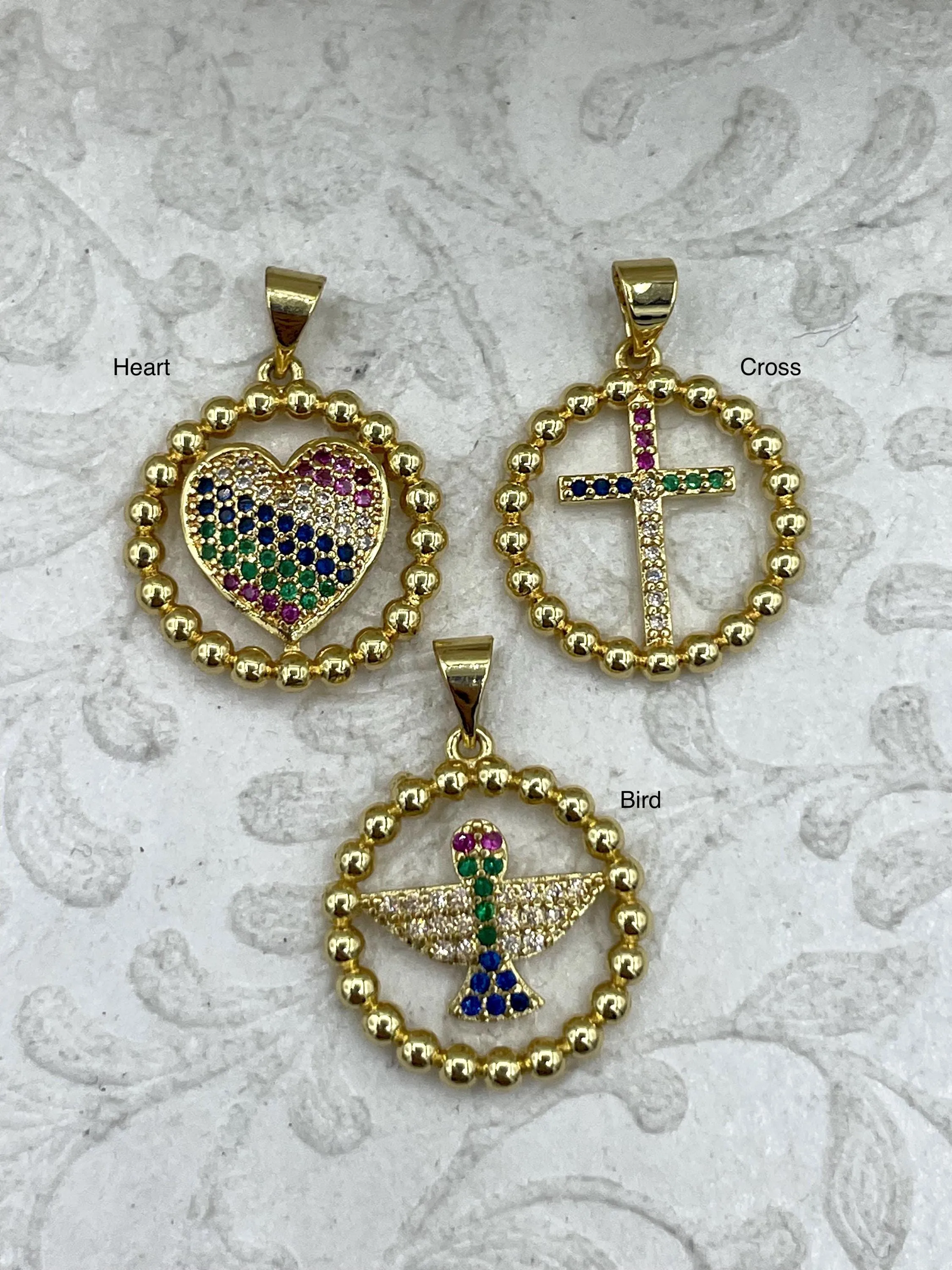 Micro Pave Colorful CZ Charms, Colorful CZ Micro Pave Charms, 3 Styles, Heart, Cross, and Bird,Gold Plated Brass, Colorful CZ, Fast Shipping