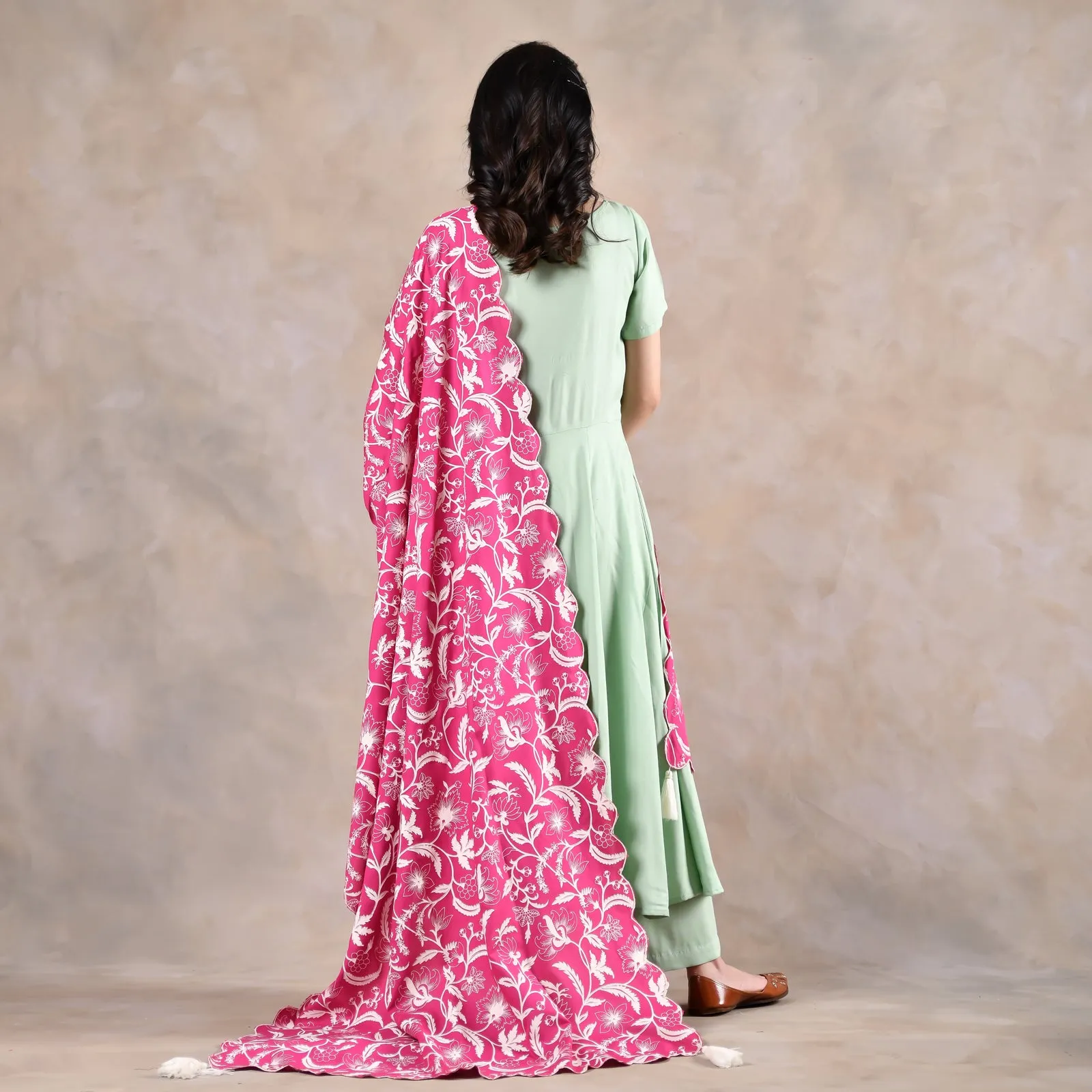 Mint Green Flared Kurta Pant Set with Pink Scalloped Dupatta