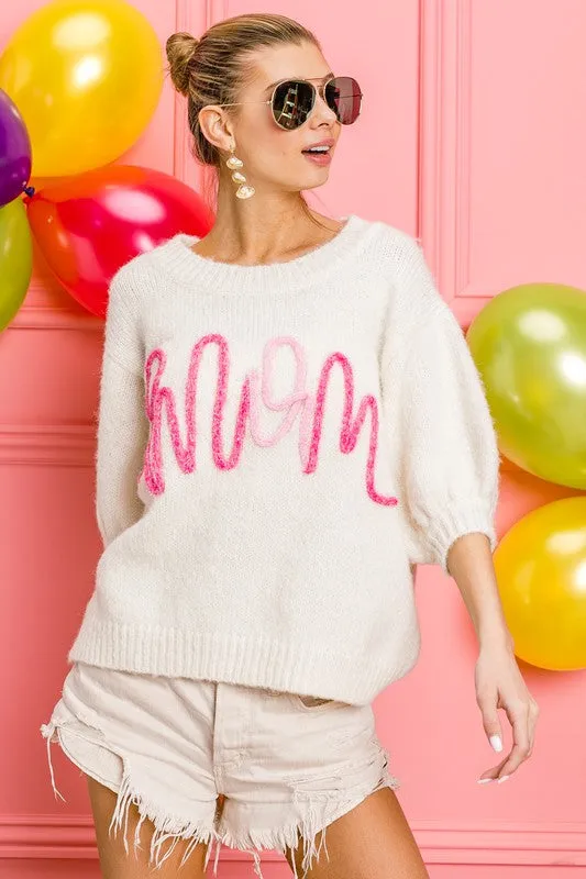 'MOM' SS PUFF SLEEVE SWEATER