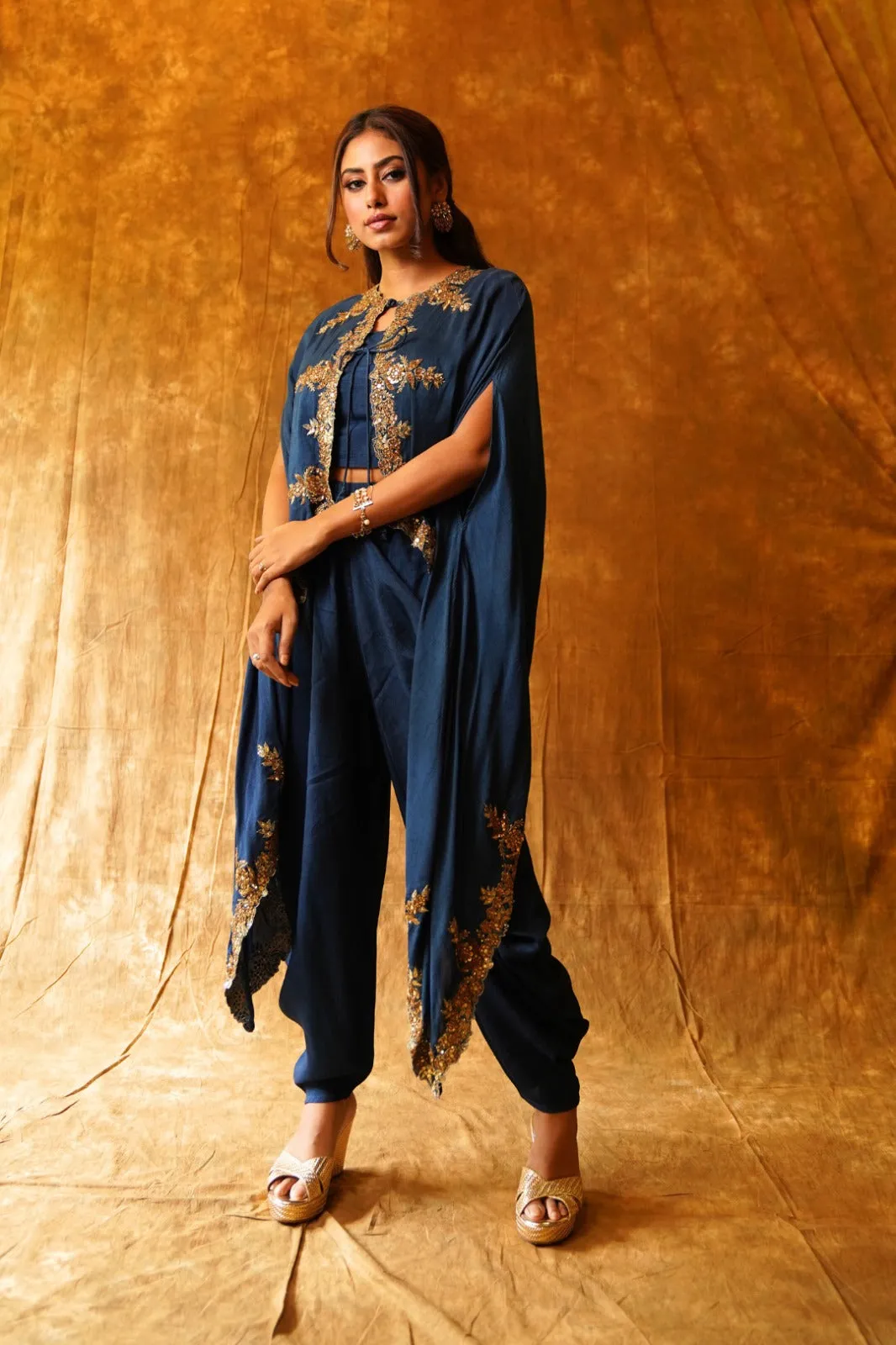 Navy Collared Cape & Draped Dhoti & Inner