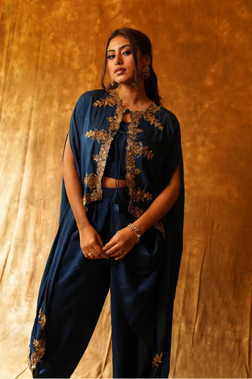 Navy Collared Cape & Draped Dhoti & Inner