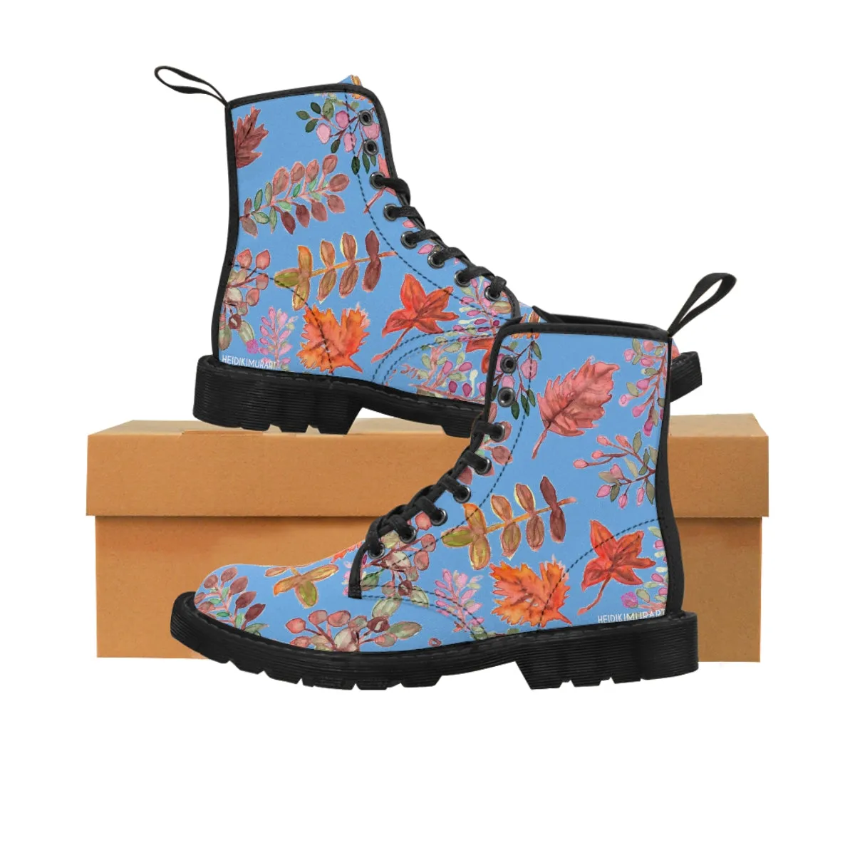 Pastel Blue Fall Women's Boots, Fall Leaves Print Women's Boots, Best Winter Boots For Women