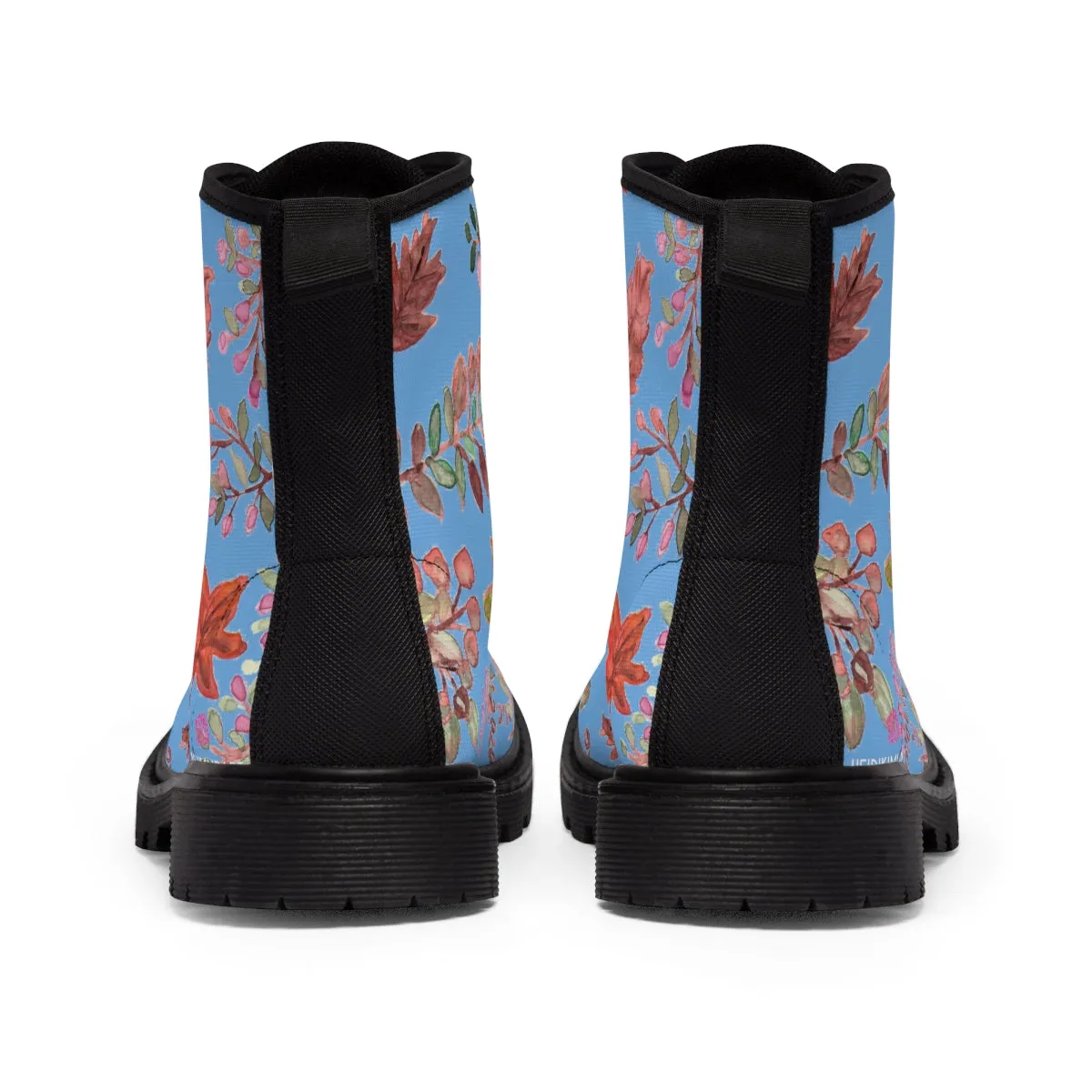 Pastel Blue Fall Women's Boots, Fall Leaves Print Women's Boots, Best Winter Boots For Women