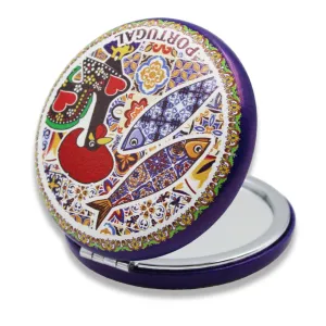 Portuguese Pocket Mirror with Barcelos Rooster, Sardine, and Azulejo Pattern