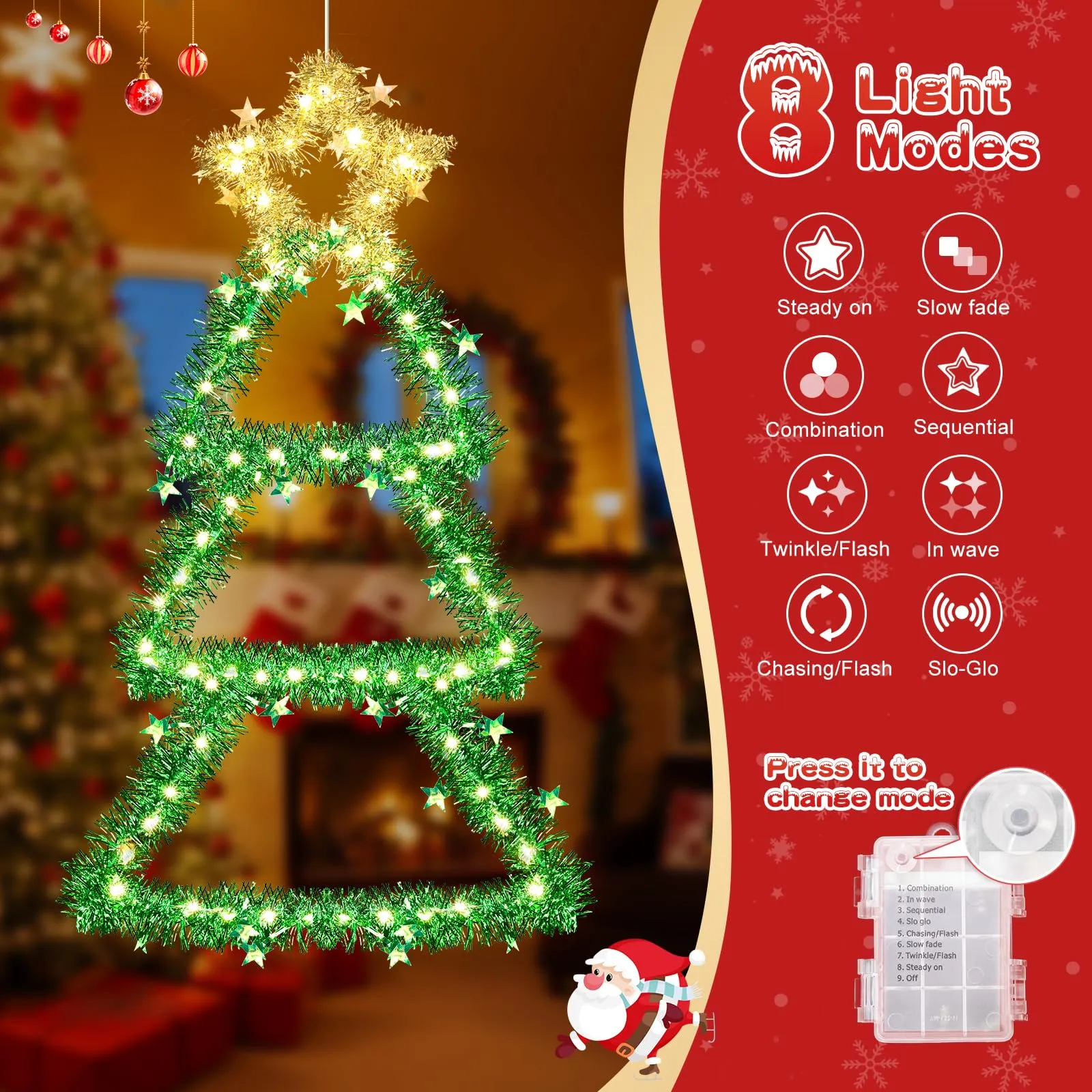 Quntis Christmas Window Lights – Warm White Battery-Operated Tree Lights with 8 Modes & Timer, Foldable Metal LED Christmas Wall Hanging Light for Indoor/Outdoor Xmas Decor