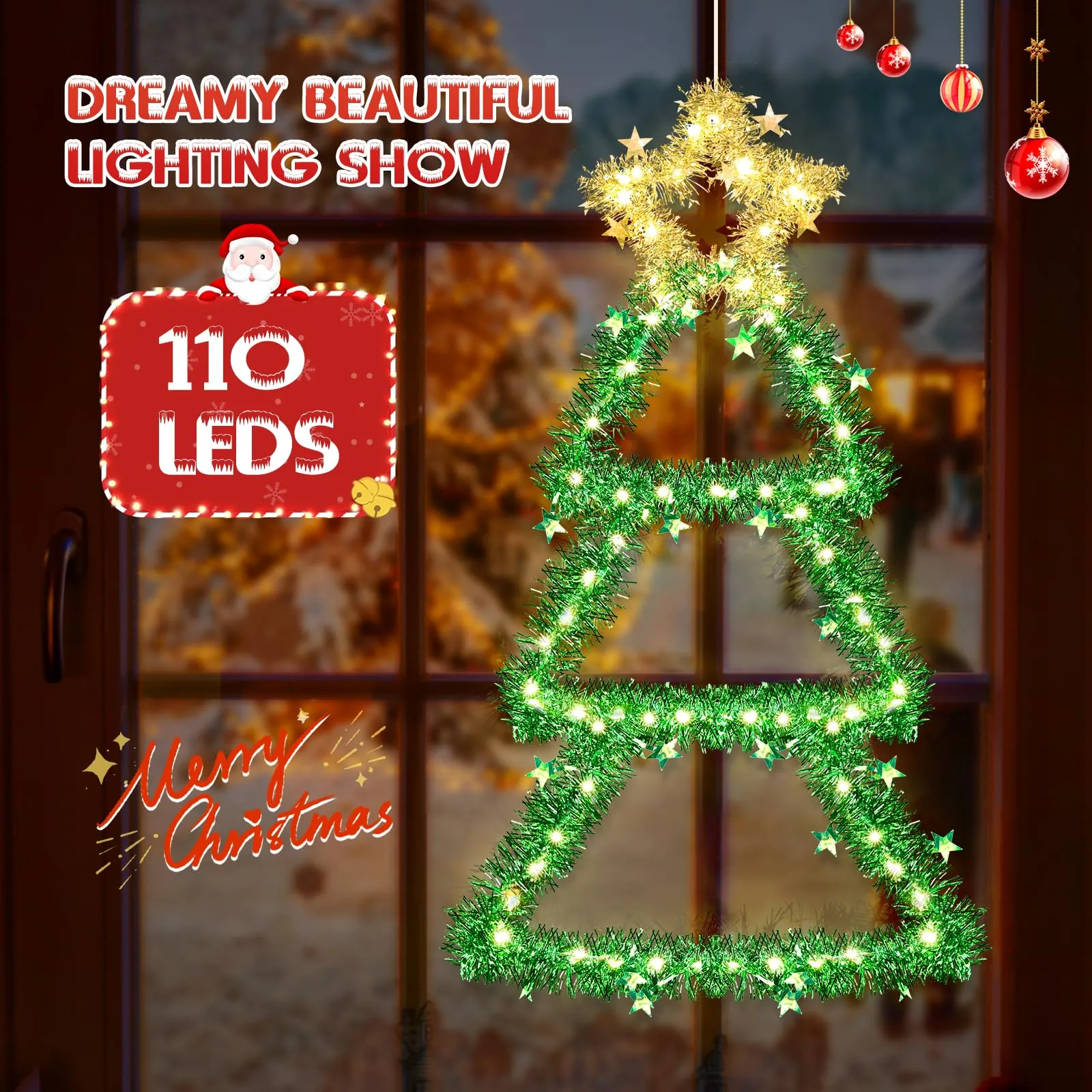 Quntis Christmas Window Lights – Warm White Battery-Operated Tree Lights with 8 Modes & Timer, Foldable Metal LED Christmas Wall Hanging Light for Indoor/Outdoor Xmas Decor