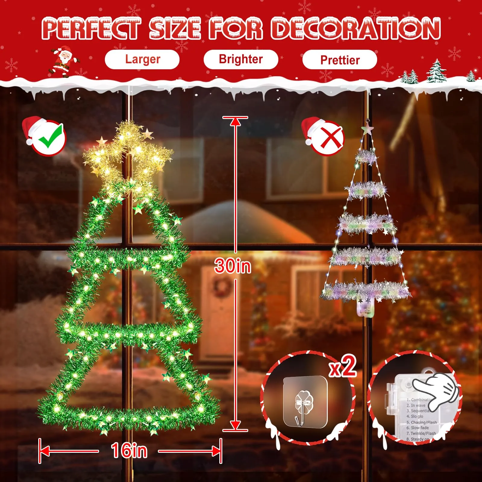 Quntis Christmas Window Lights – Warm White Battery-Operated Tree Lights with 8 Modes & Timer, Foldable Metal LED Christmas Wall Hanging Light for Indoor/Outdoor Xmas Decor