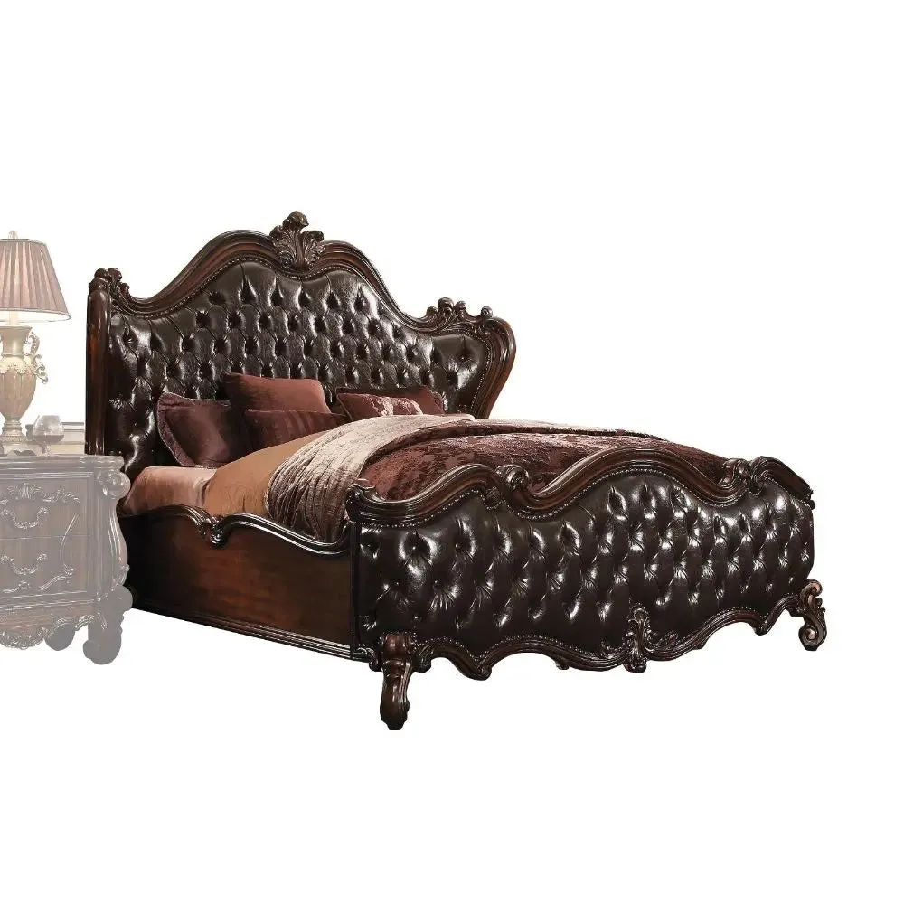 Ronald Wingback Button Tufted California King Bed, 2-Tone Dark Brown Faux Leather & Cherry Oak