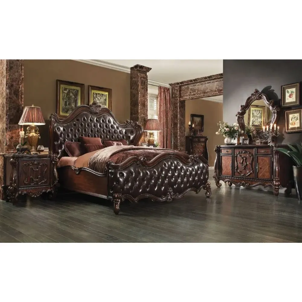 Ronald Wingback Button Tufted California King Bed, 2-Tone Dark Brown Faux Leather & Cherry Oak