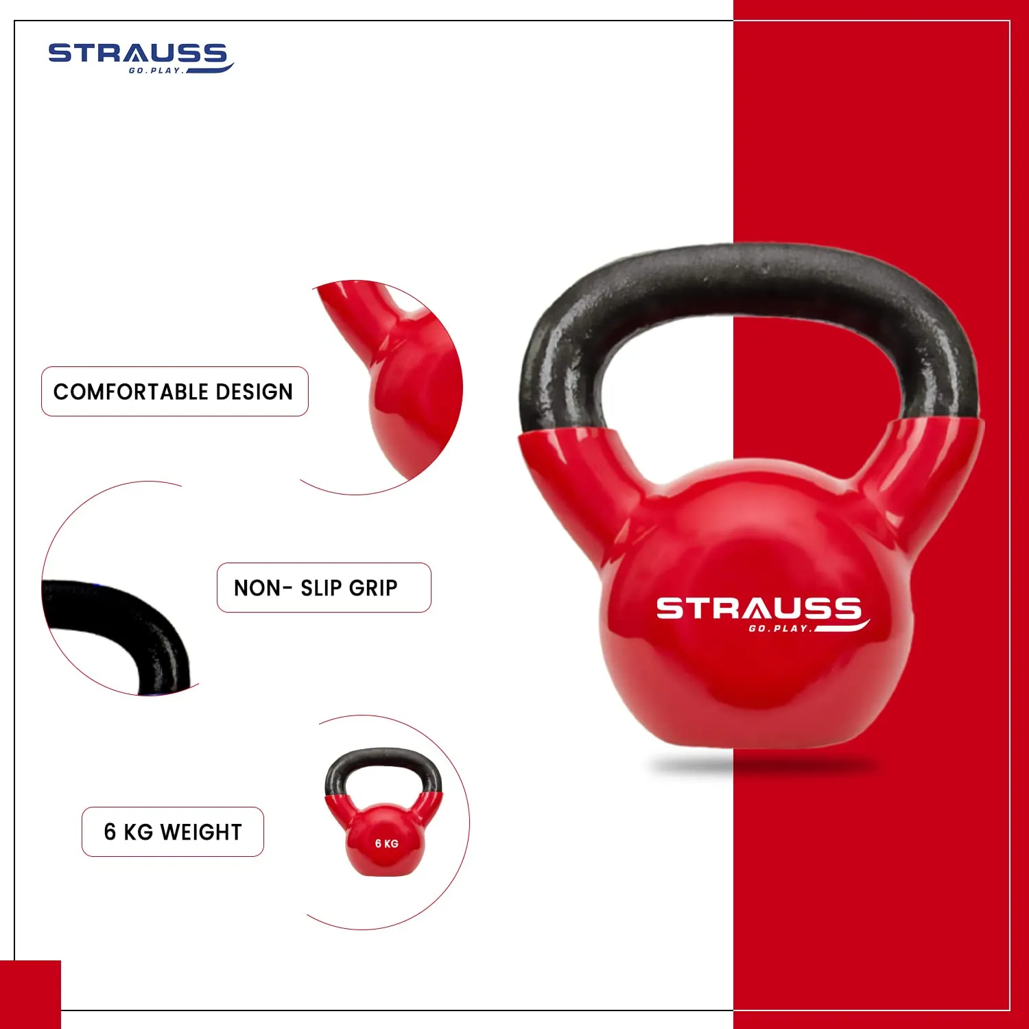 Strauss Premium Vinyl Kettlebell Weight for Men & Women | 14 Kg | Ideal for Home Workout, Yoga, Pilates, Gym Exercises | Non-Slip, Easy to Hold, Scratch Resistant (Red)