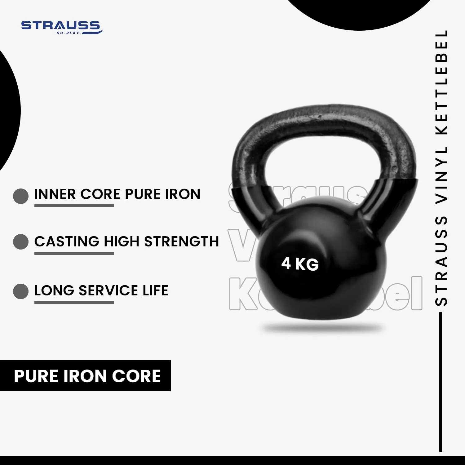 Strauss Premium Vinyl Kettlebell Weight for Men & Women | 2 Kg | Ideal for Home Workout, Yoga, Pilates, Gym Exercises | Non-Slip, Easy to Hold, Scratch Resistant (Black)