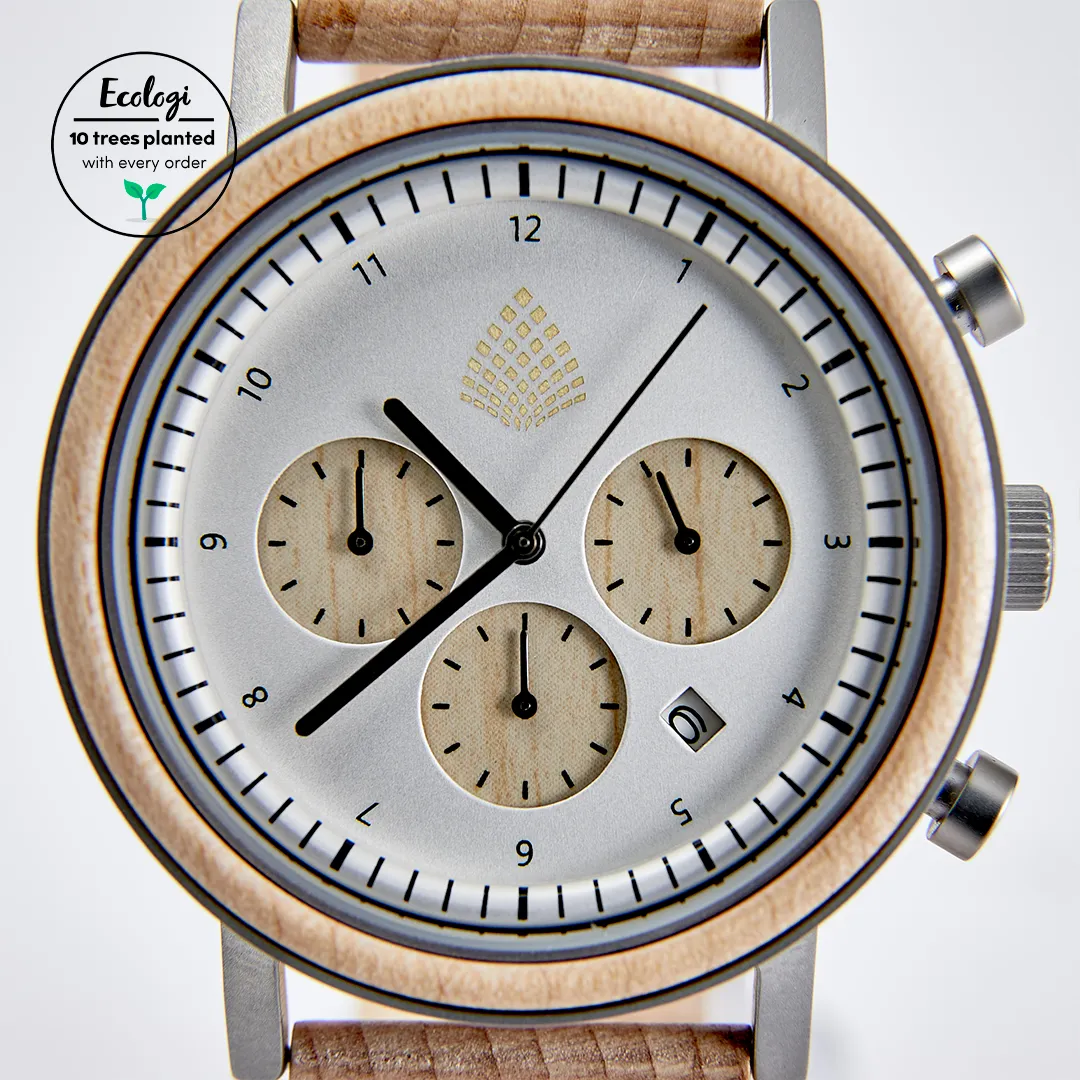 The White Cedar Watch - Eco-Friendly Recycled Maple Wood Chronograph | Handcrafted & Sustainable Timepiece