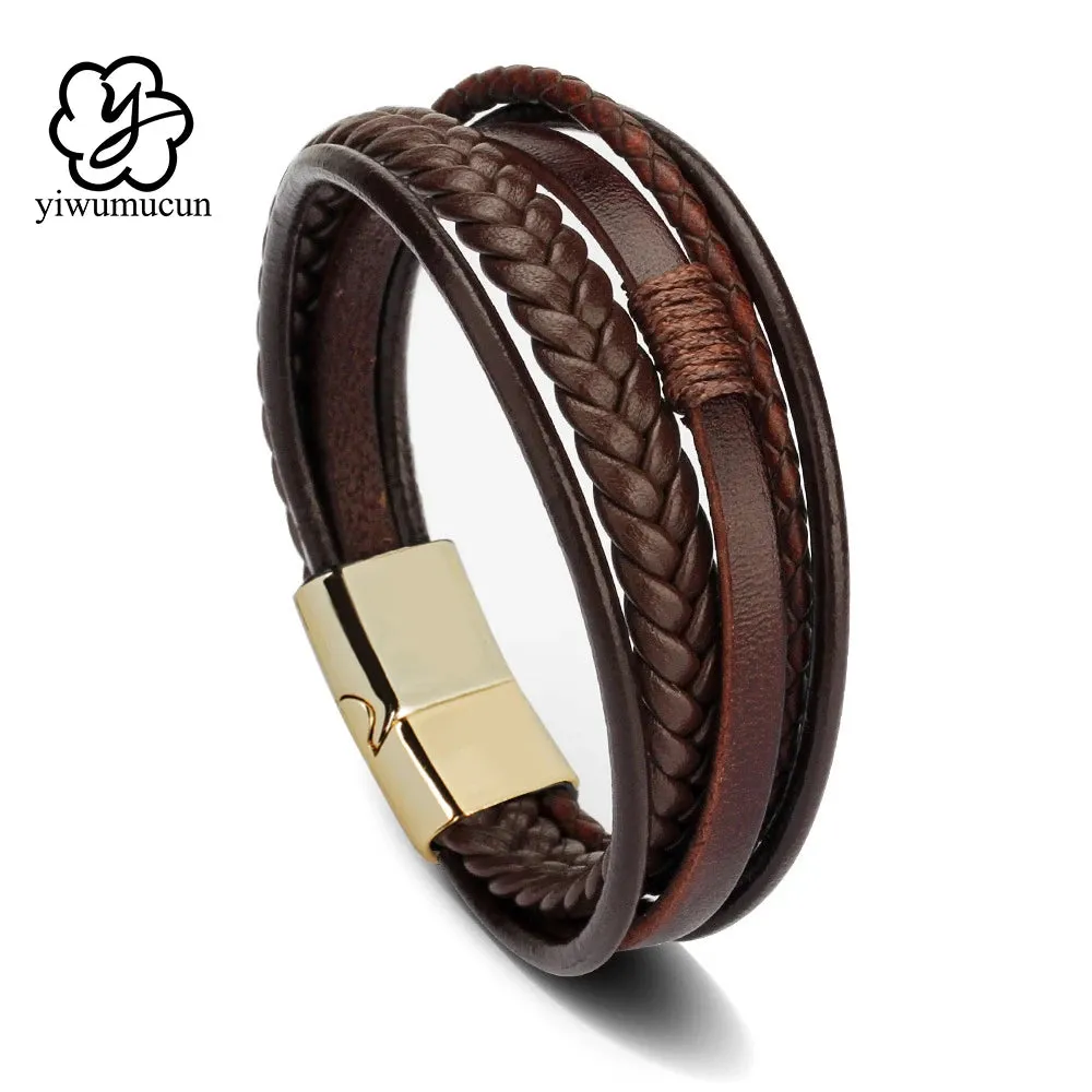 Trendy Leather 21CM  Bracelets For Men Multilayer Bracelet Stainless Steel  Braided Rope Bracelets for Male Female Jewelry Gifts