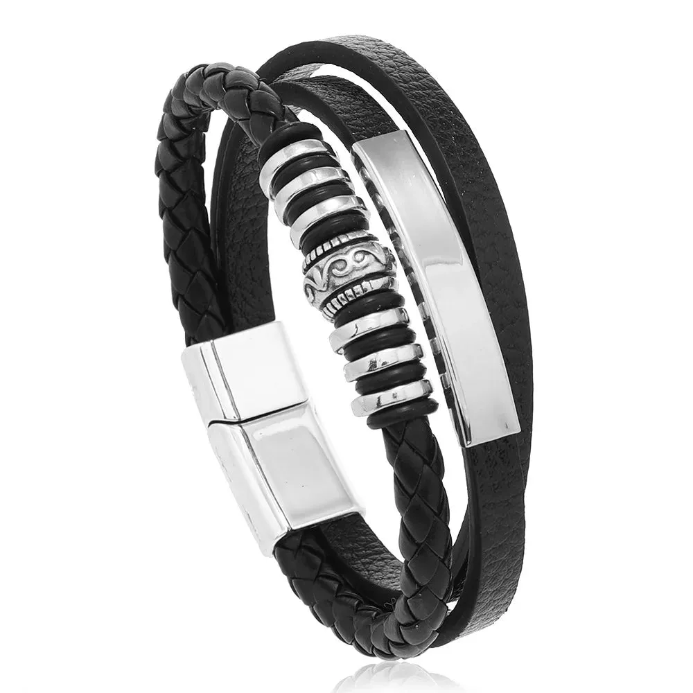 Trendy Leather 21CM  Bracelets For Men Multilayer Bracelet Stainless Steel  Braided Rope Bracelets for Male Female Jewelry Gifts