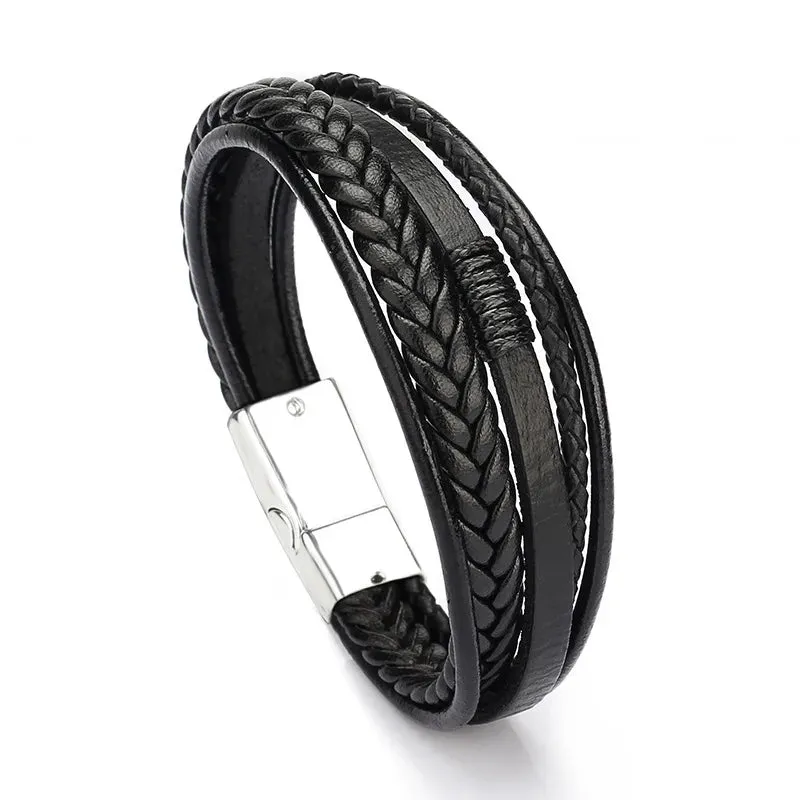 Trendy Leather 21CM  Bracelets For Men Multilayer Bracelet Stainless Steel  Braided Rope Bracelets for Male Female Jewelry Gifts