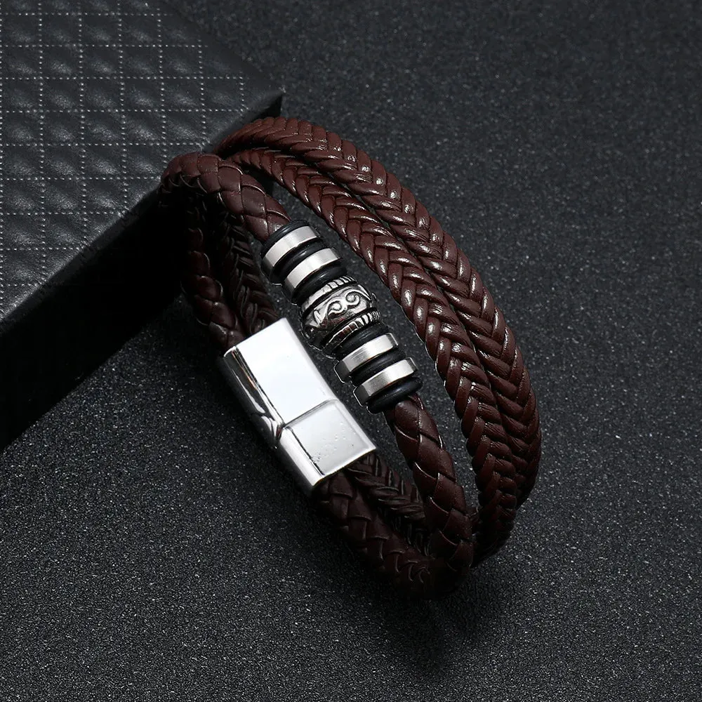 Trendy Leather 21CM  Bracelets For Men Multilayer Bracelet Stainless Steel  Braided Rope Bracelets for Male Female Jewelry Gifts