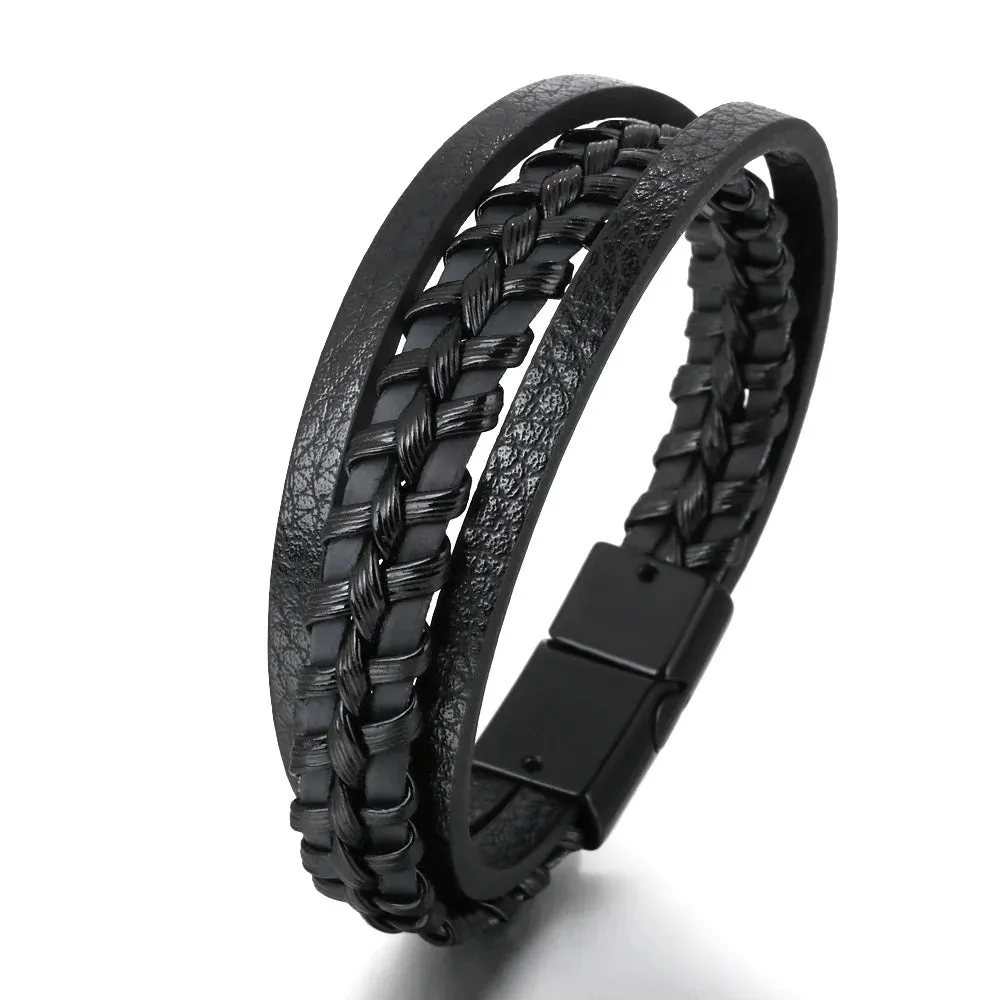 Trendy Leather 21CM  Bracelets For Men Multilayer Bracelet Stainless Steel  Braided Rope Bracelets for Male Female Jewelry Gifts