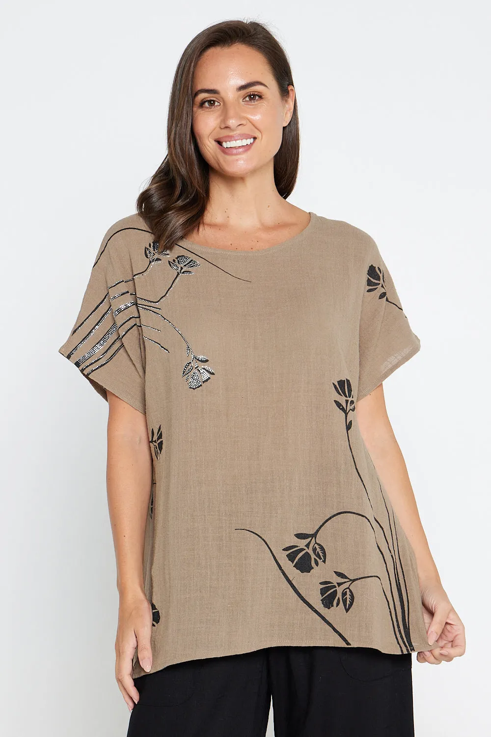 Valerie Diamanté Top - Khaki Brown