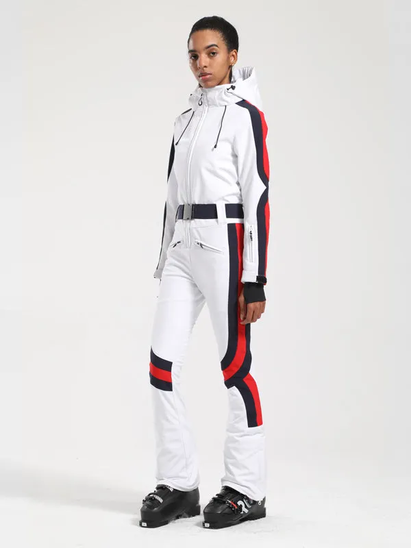 Women's Gsou Snow Retro Belted Stripe Flare One Piece Jumpsuit Snowsuits