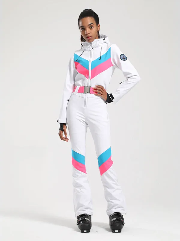 Women's Gsou Snow Retro Belted V Striped Flare One Piece Jumpsuit Snowsuit