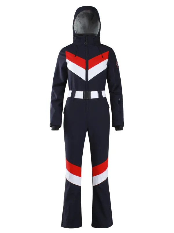 Women's Gsou Snow Retro Belted V Striped Flare One Piece Jumpsuit Snowsuit