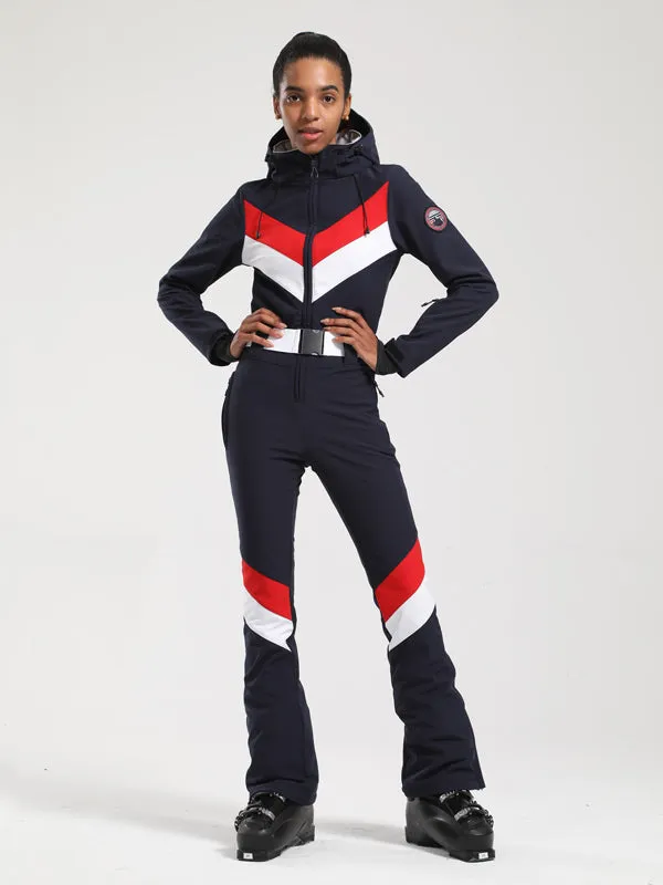 Women's Gsou Snow Retro Belted V Striped Flare One Piece Jumpsuit Snowsuit