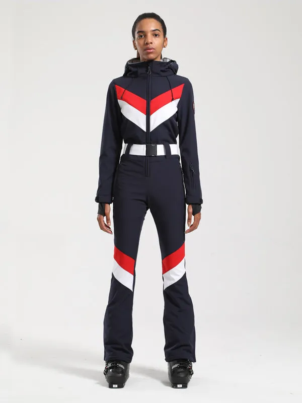 Women's Gsou Snow Retro Belted V Striped Flare One Piece Jumpsuit Snowsuit