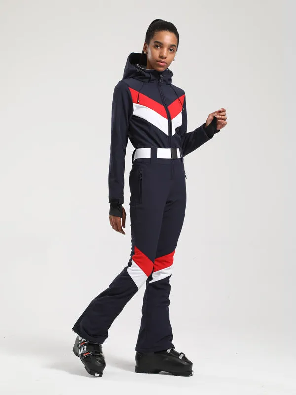 Women's Gsou Snow Retro Belted V Striped Flare One Piece Jumpsuit Snowsuit