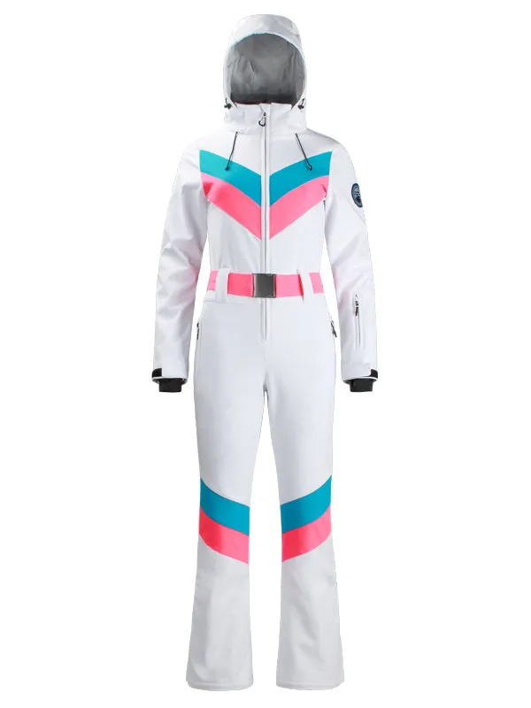 Women's Gsou Snow Retro Belted V Striped Flare One Piece Jumpsuit Snowsuit