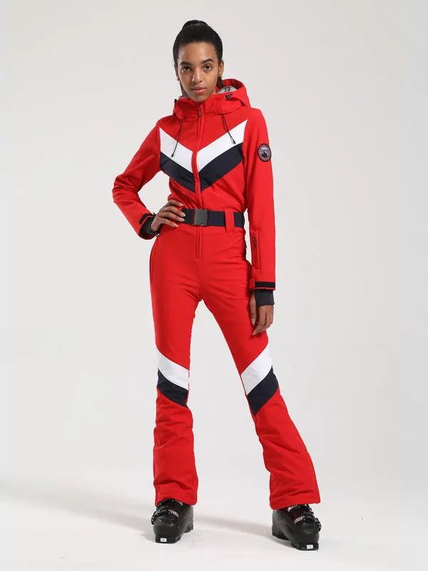 Women's Gsou Snow Retro Belted V Striped Flare One Piece Jumpsuit Snowsuit