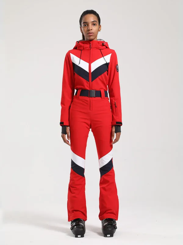 Women's Gsou Snow Retro Belted V Striped Flare One Piece Jumpsuit Snowsuit