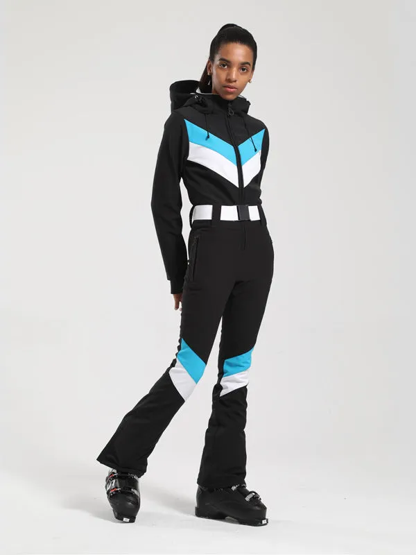 Women's Gsou Snow Retro Belted V Striped Flare One Piece Jumpsuit Snowsuit